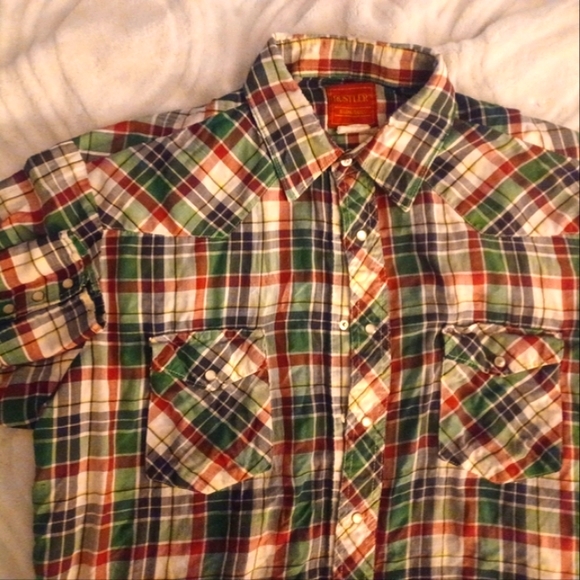 Rustler brand vintage pearl button mens shirt size large with long tails - Picture 3 of 5